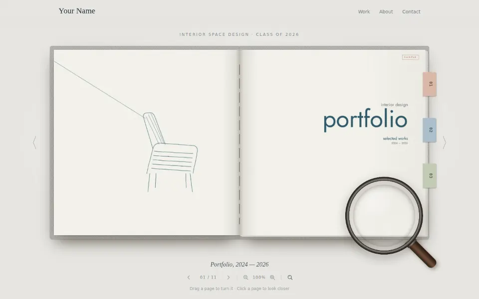 Home page: the open sketchbook with the student’s name and the project tabs